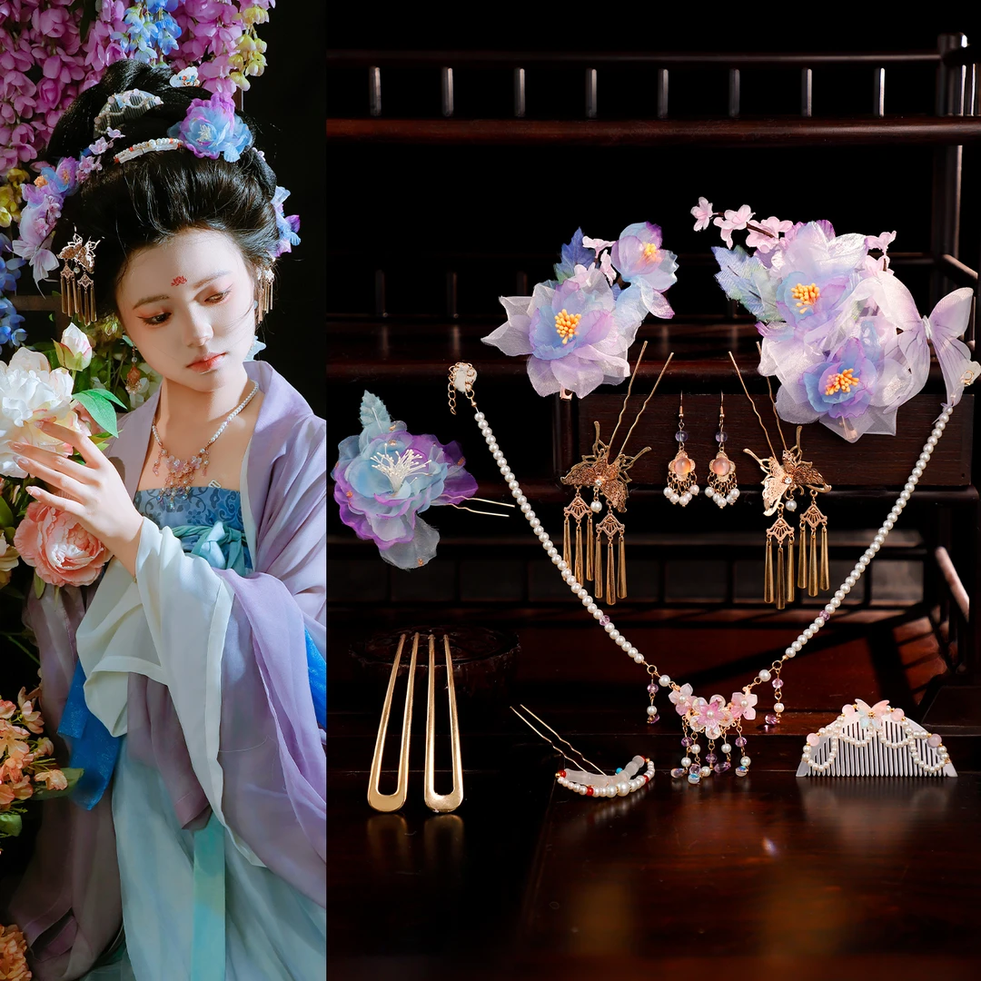古风汉服发饰手工百搭典雅唐风绢纱花朵发夹项链耳坠发钗配饰发梳