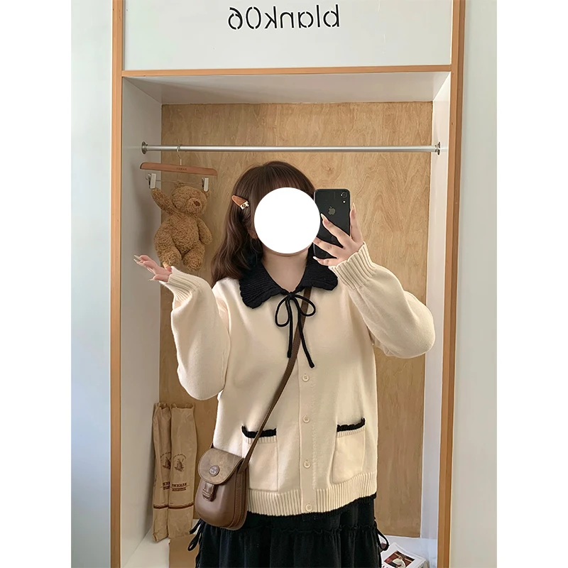 法式撞色娃娃领针织开衫女秋冬新款大码胖MM百搭显瘦气质毛衣外套