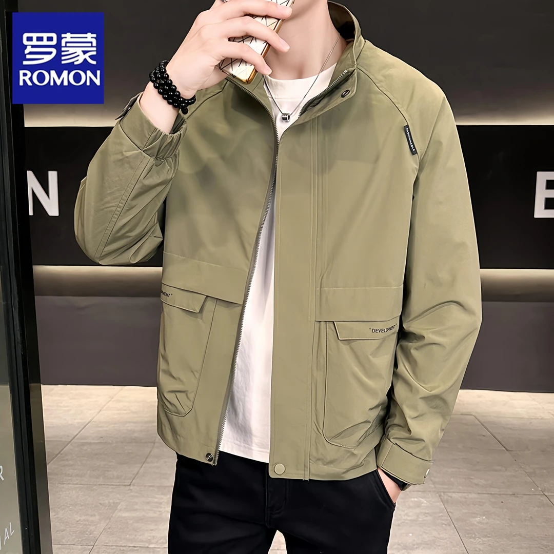 罗蒙简约字母刺绣青年立领男士修身夹克外套休闲百搭时尚宽松上衣