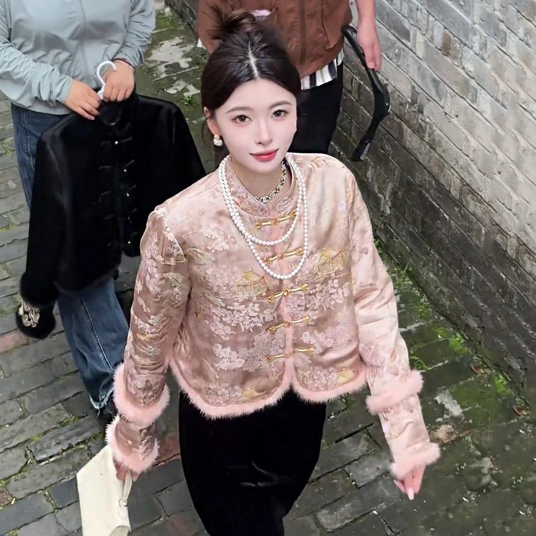 大码初冬新款时尚洋气中式复古国风提花加绒加厚外套气质名媛显瘦