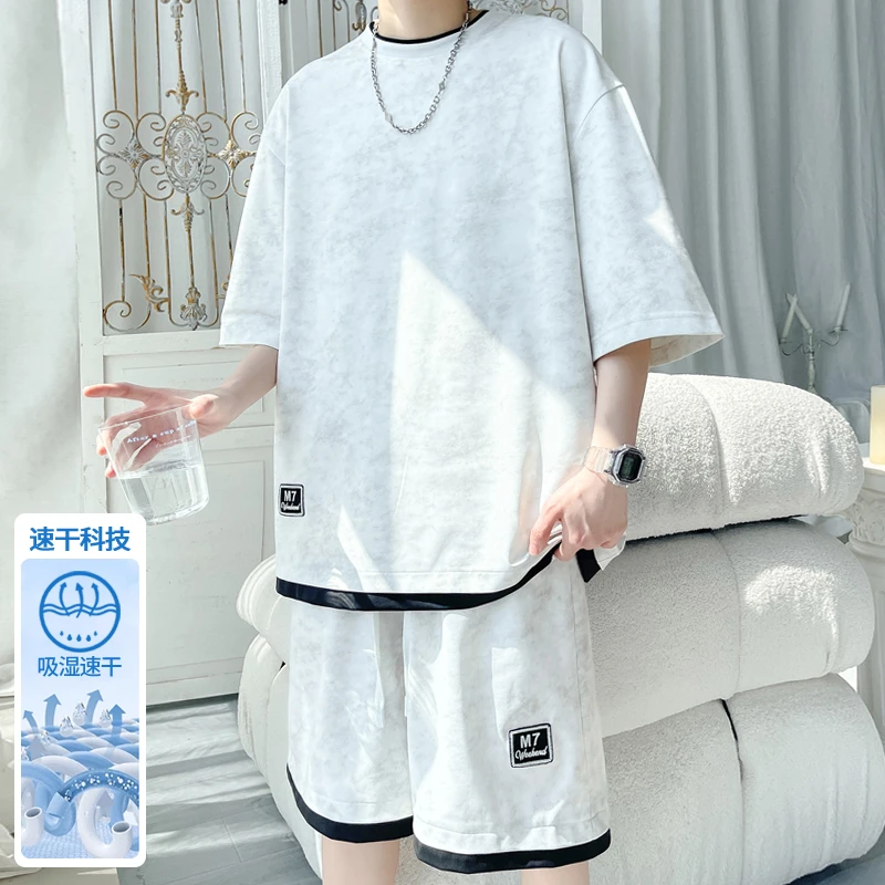 引创冰丝速干套装男2025夏季新款假两件扎染宽松大码休闲两件套男