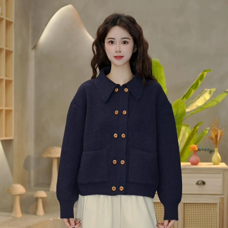 5154 冬季新款双排扣翻领毛衣宽松时尚百搭长袖休闲上衣