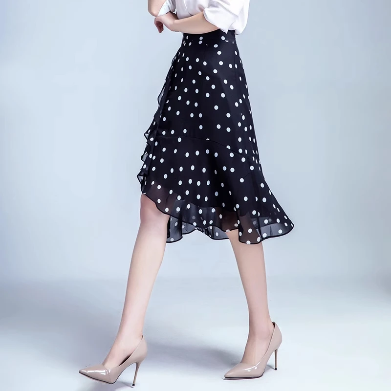 拉夏贝尔波点半身裙女夏2025新款高腰荷叶边小个子中长款鱼尾裙子