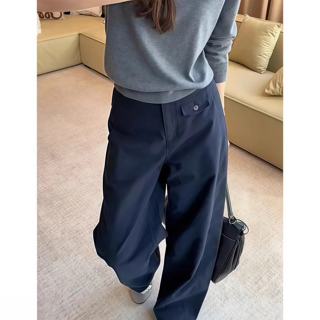 藏青色阔腿工装裤女款夏季运动裤直筒大码高腰宽松显瘦拖地休闲裤