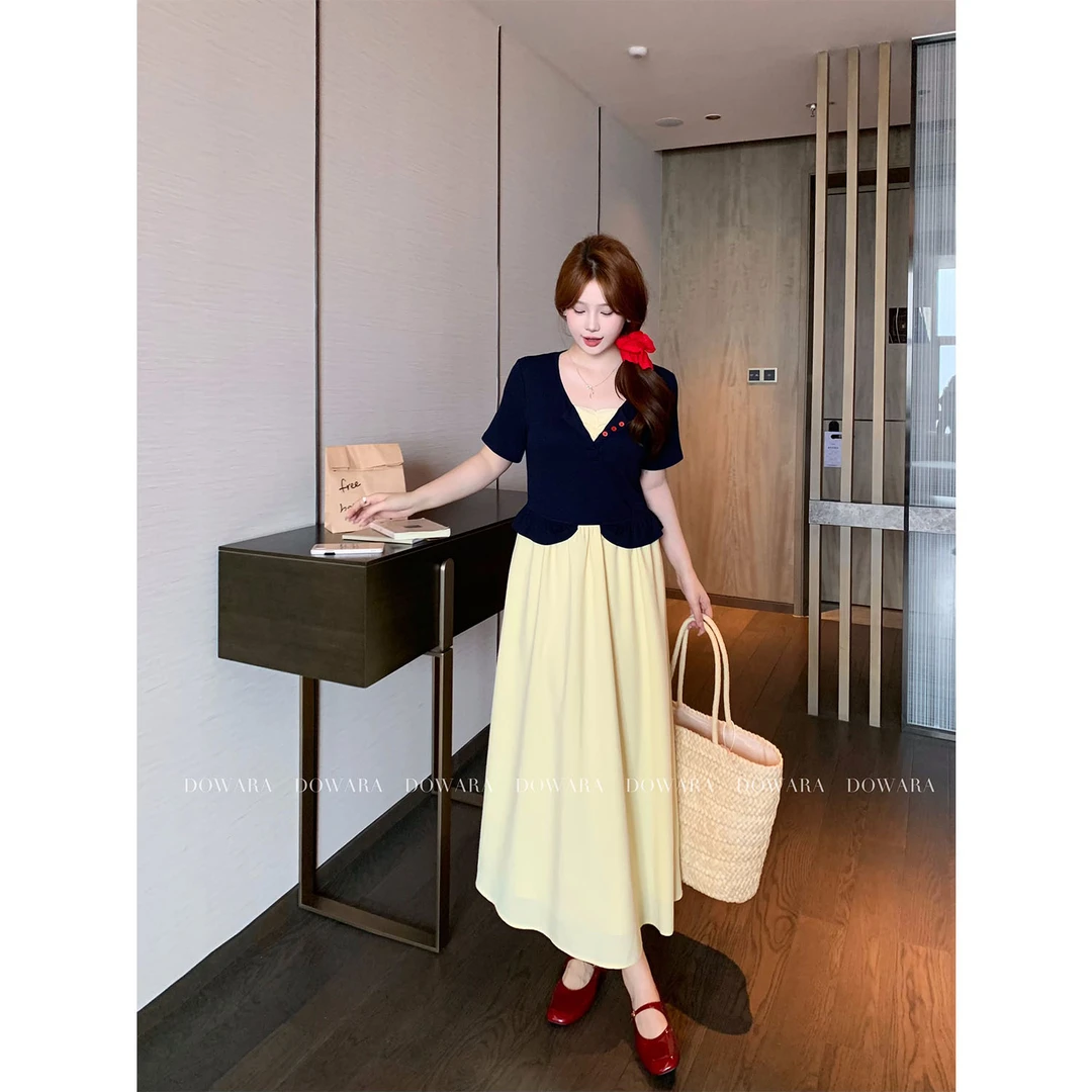 现货8370X大婉酱千千微胖定制【白雪公主】 夏季假两件撞色连衣裙女