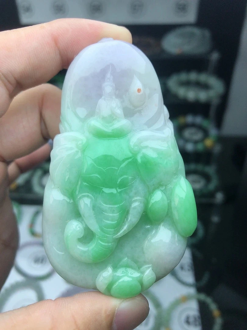 特价天然缅甸A货翡翠随型春带彩普贤菩萨吊坠守护神j卡76/46/14mm