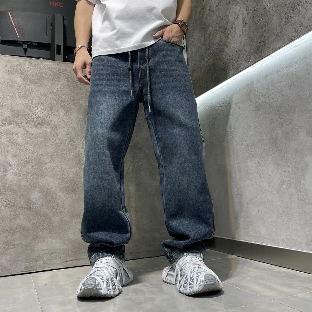 冬季简约款松紧腰男士加绒直筒牛仔裤百搭休闲复古宽松水洗美式
