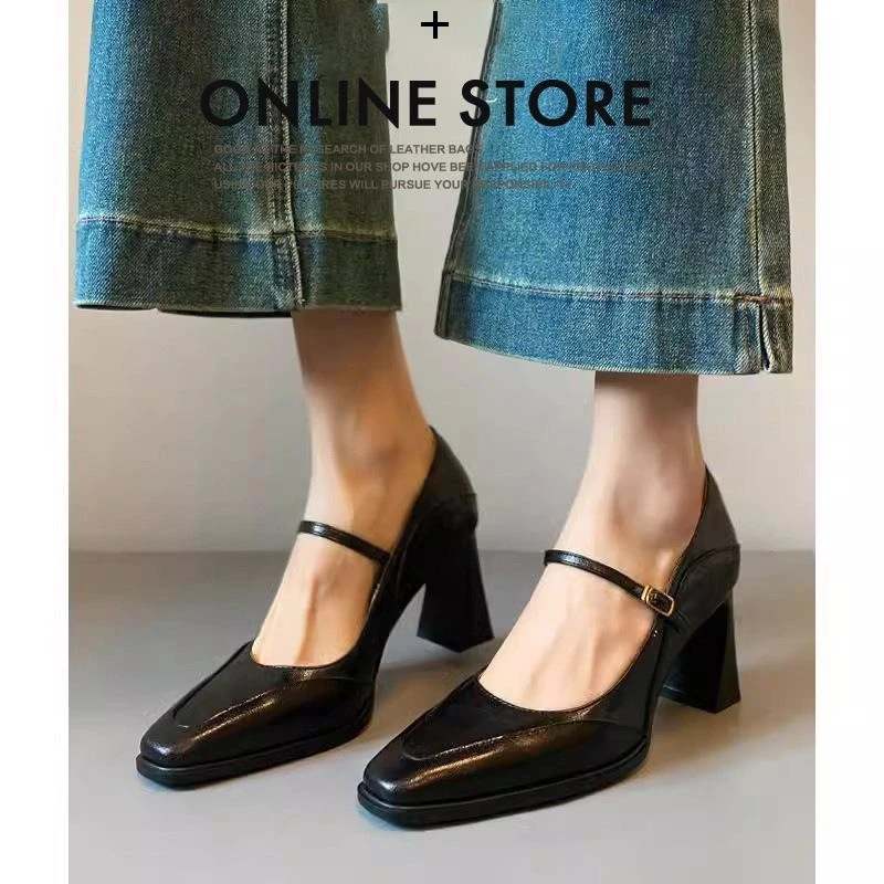 真皮法式仙女高跟女黑色2025春季一字扣带粗跟方头浅口单鞋