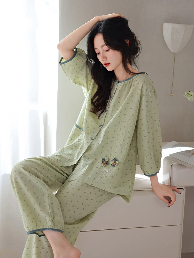 2025新款睡衣女夏季七分袖薄款全棉春秋款中年妈妈外穿家居服套装