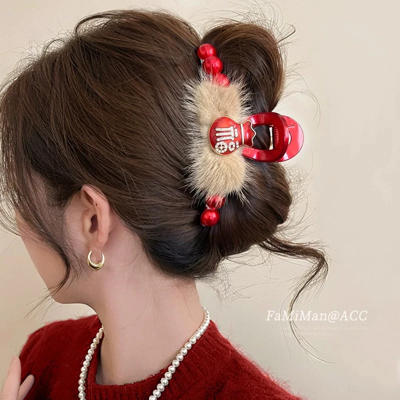 秋冬红色新年毛绒抓夹蝴蝶结发夹后脑勺2025新款鲨鱼夹头饰A293