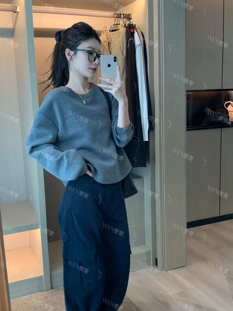 WEN 25新款日系简约风百搭宽松圆领长袖短款卫衣WWC0274