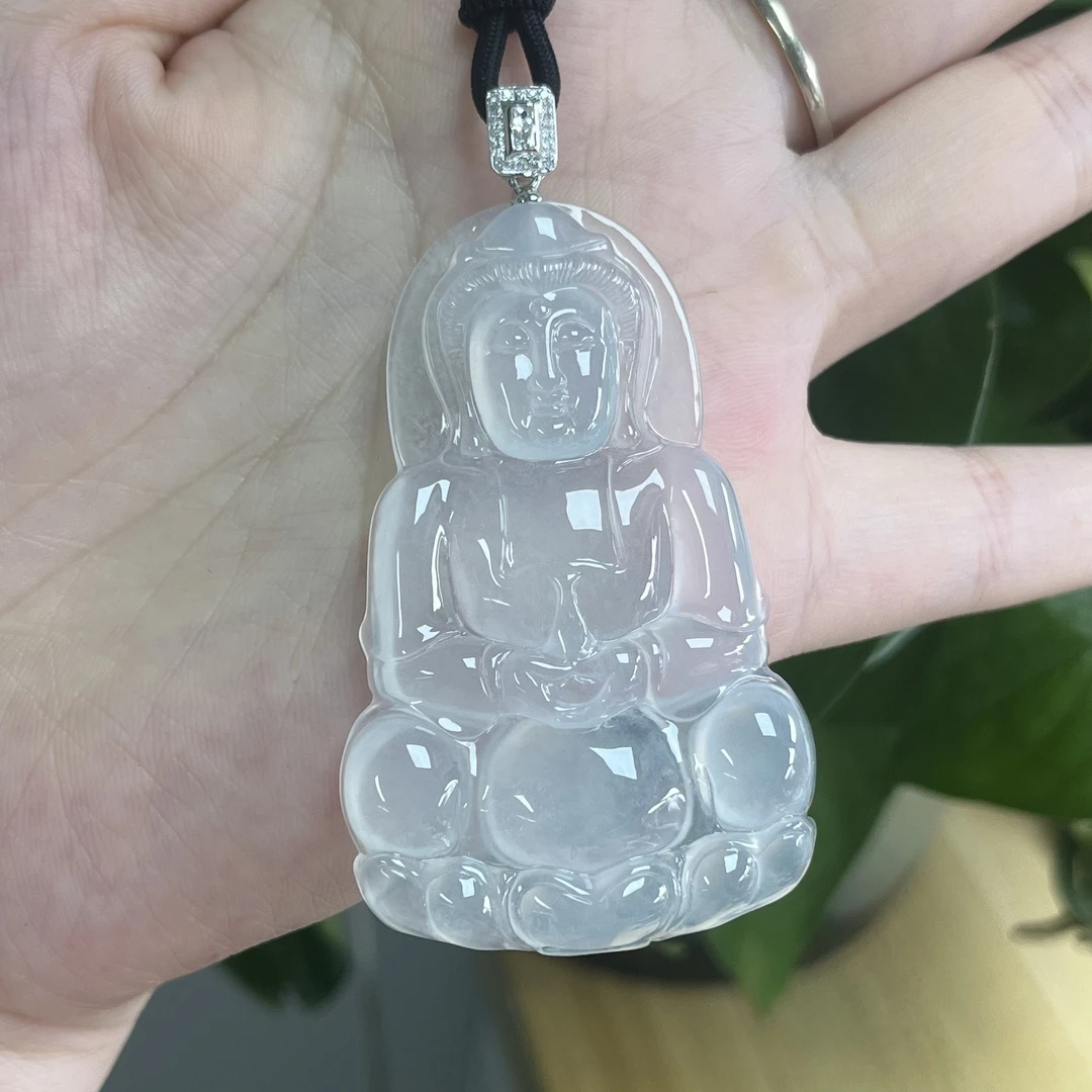 天然缅甸翡翠A货18K金镶翡翠观音吊坠冰种冰透正装观音玉吊坠