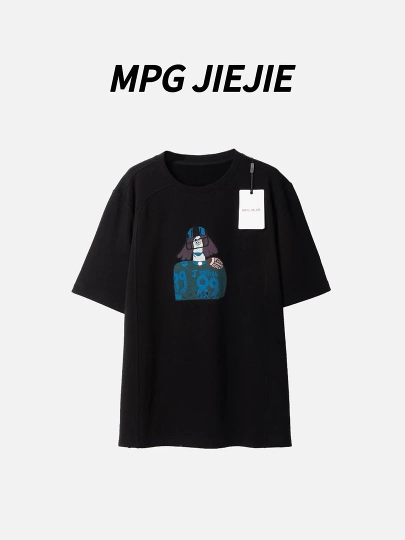 MPG JIEJIE【小可爱】25春夏加厚时尚黑色拼接印花设计圆领T恤
