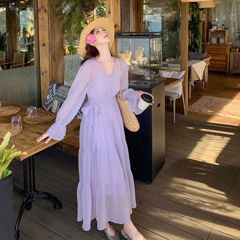 紫色系温柔风V领连衣裙女2025夏季新款法式时尚气质收腰长袖A字裙
