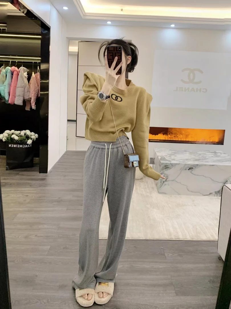 秋冬新款日系慵懒风宽松套头百搭泡泡袖针织上衣灰色休闲裤两件套