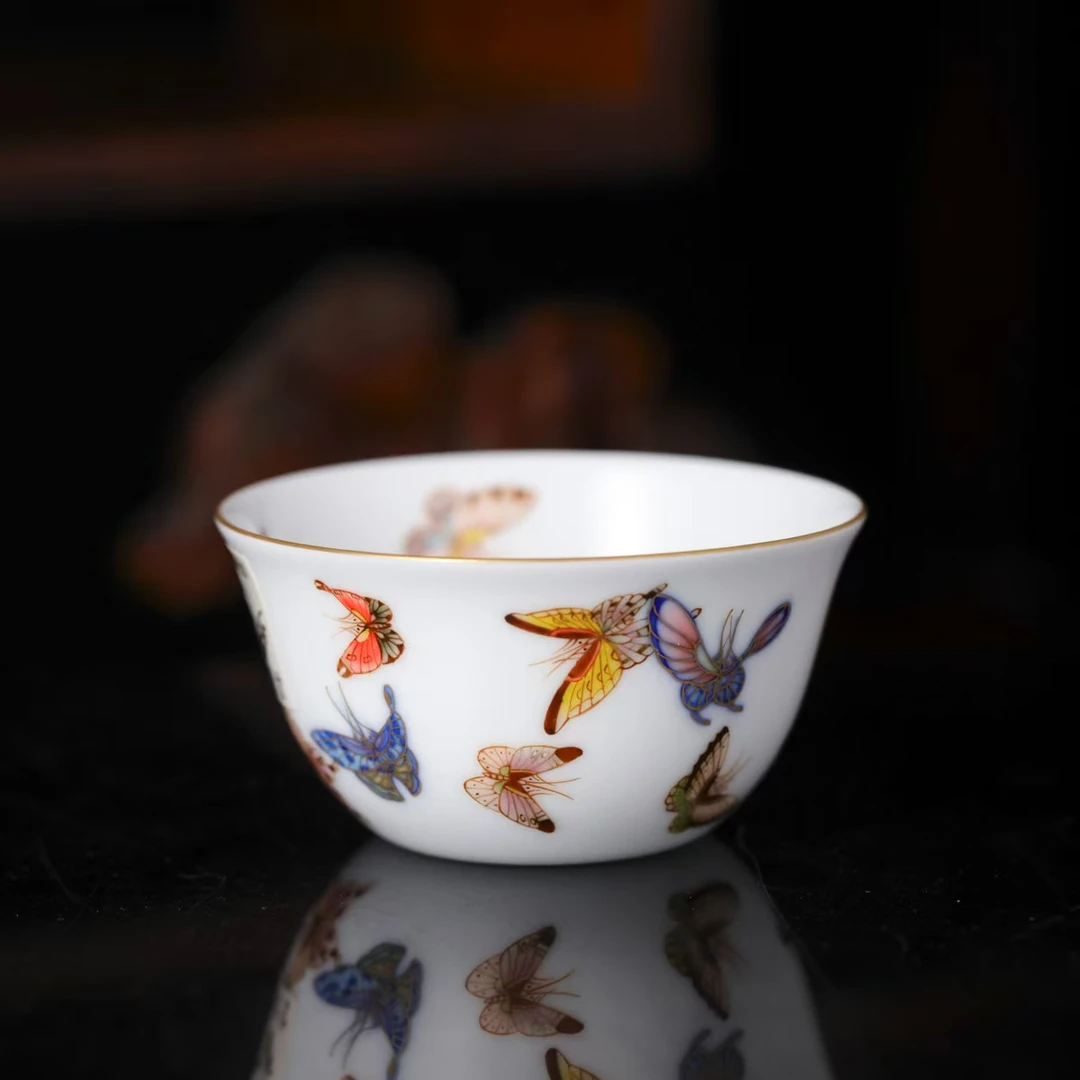 鸡缸杯青花釉中彩蝴蝶-主人杯手绘蝶恋花缠枝纯手工