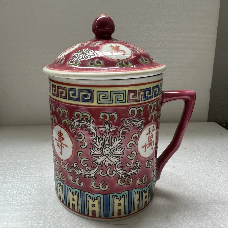 {微瑕慎拍}红万寿手绘办公杯景德镇陶瓷高温办公杯