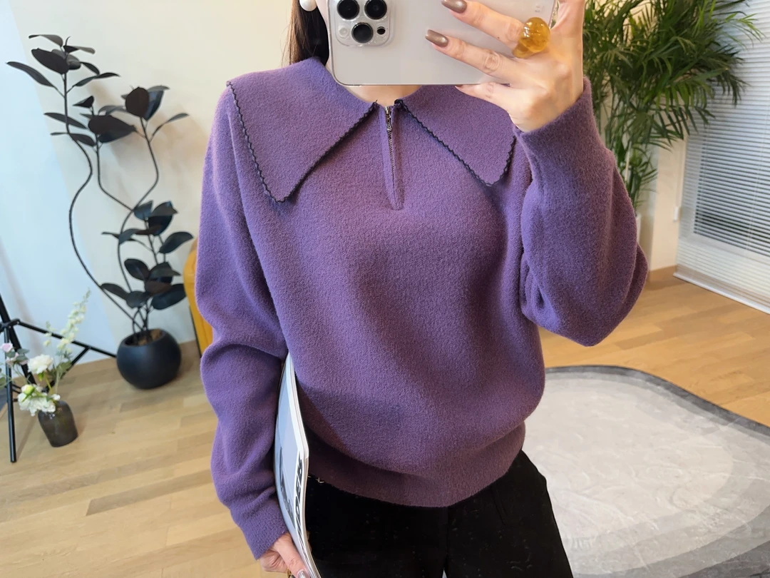 韩版毛针织衫女纯色针织秋季翻领上衣厚款打底衫 p