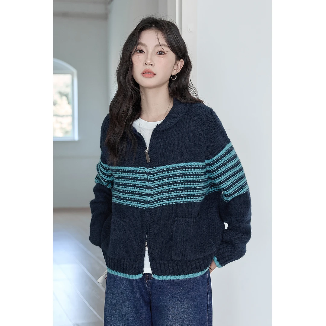 条纹双拉链毛衣女2025年秋冬新款复古气质显瘦开衫上衣ss28554