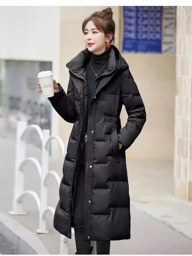 秋冬中长款女长款连帽简约显瘦保暖纯色优等品长袖羽绒