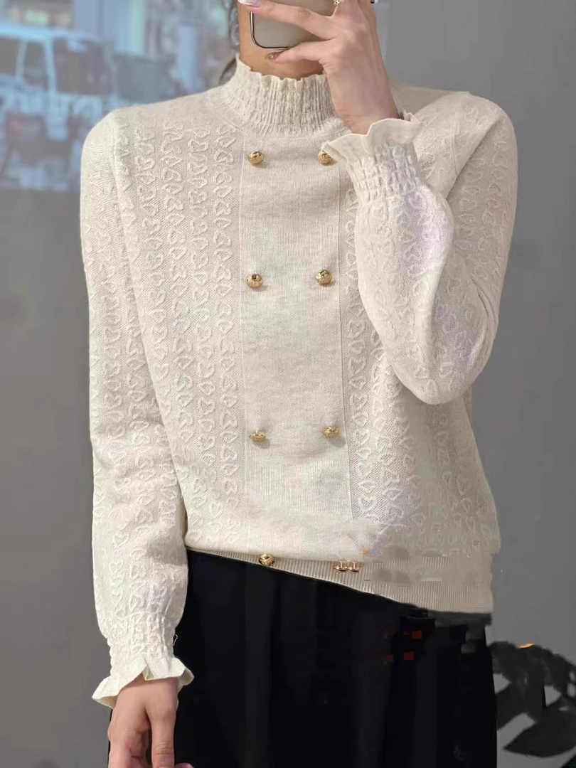 薇莎8926【现货】花边领爱心提花双排扣毛衣