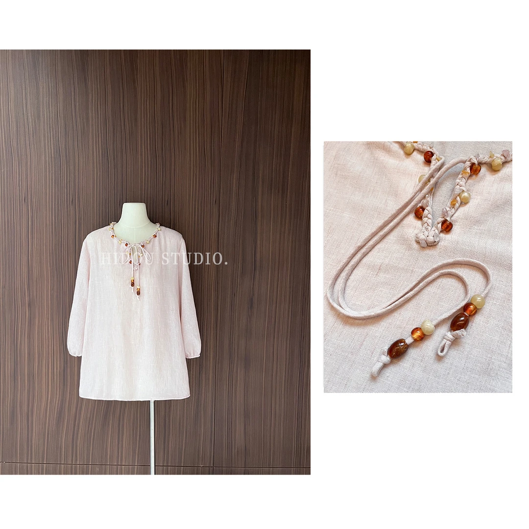 【痘痘私服】|【胭脂海棠】编制串珠V领衬衫