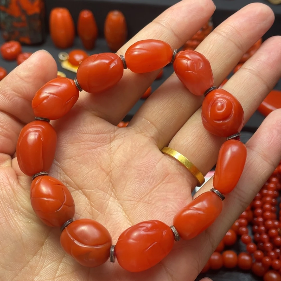 南红玛瑙未镶嵌手串大水沟原矿柿子红随形手串45.7g