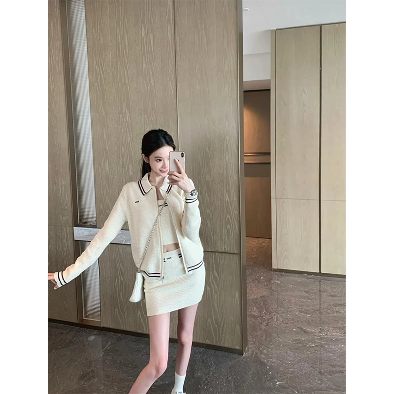 缪系纯欲风撞色时尚气质显瘦针织吊带背心+半身裙+外套三件套