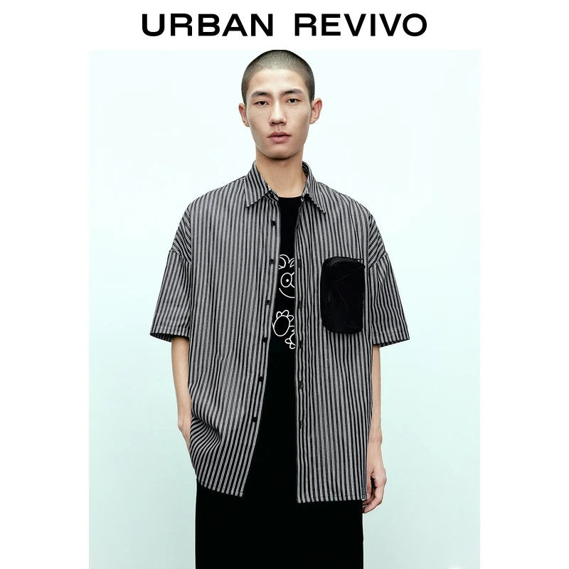UR新款男机能风条纹立体口袋棉质宽松开襟衬衫UMV230003
