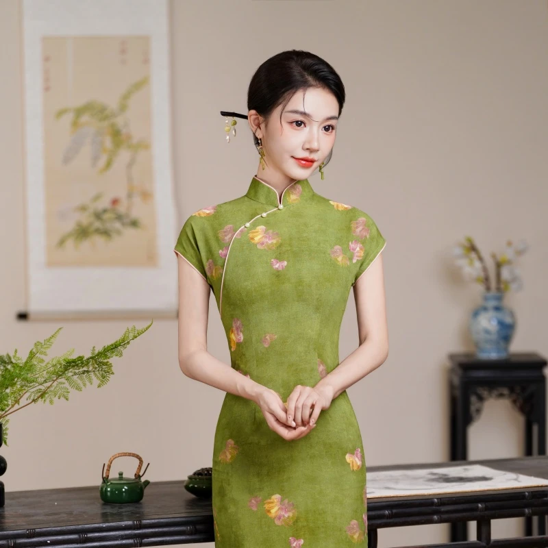 竹影  2025新款夏季短袖长款旗袍裙子女款爆款