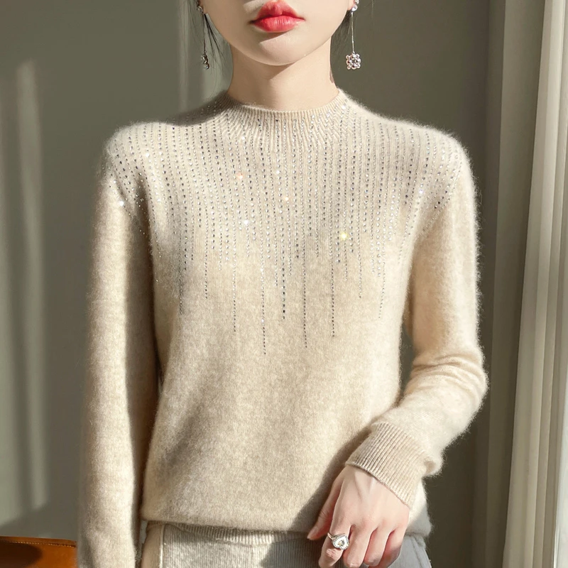 羊毛衫半高领烫钻时尚套头毛衣100%纯羊毛新款针织打底衫秋冬百搭
