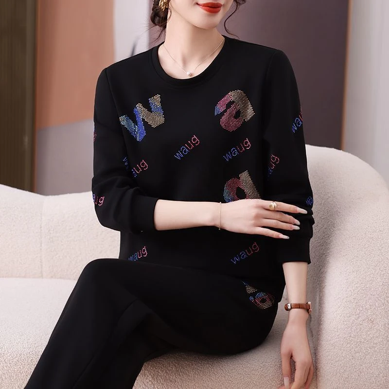 运动服套装女春秋2025新款高级感字母烫钻洋气圆领卫衣休闲两件套