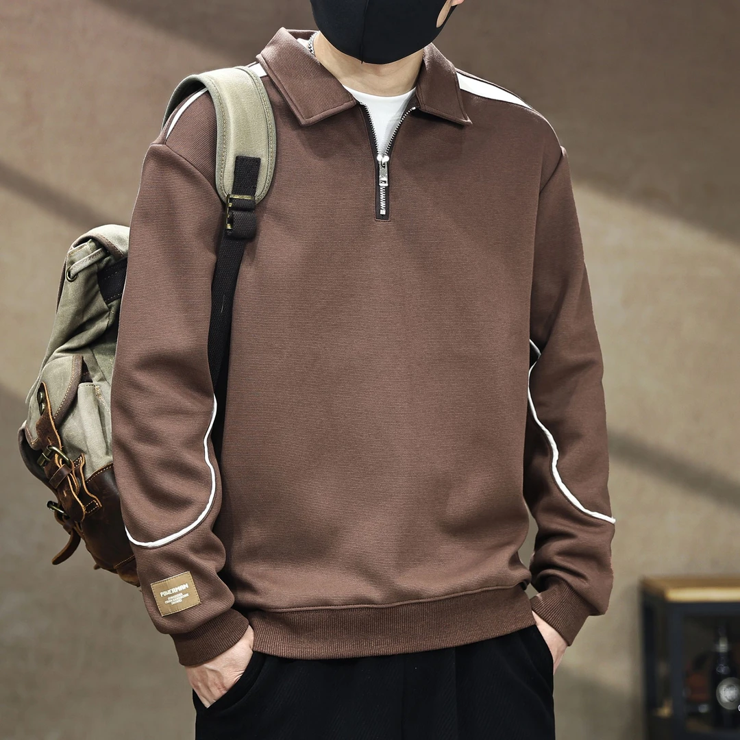 高端美式重磅半拉链翻领撞色男士卫衣春秋新款休闲复古拼接卫衣潮