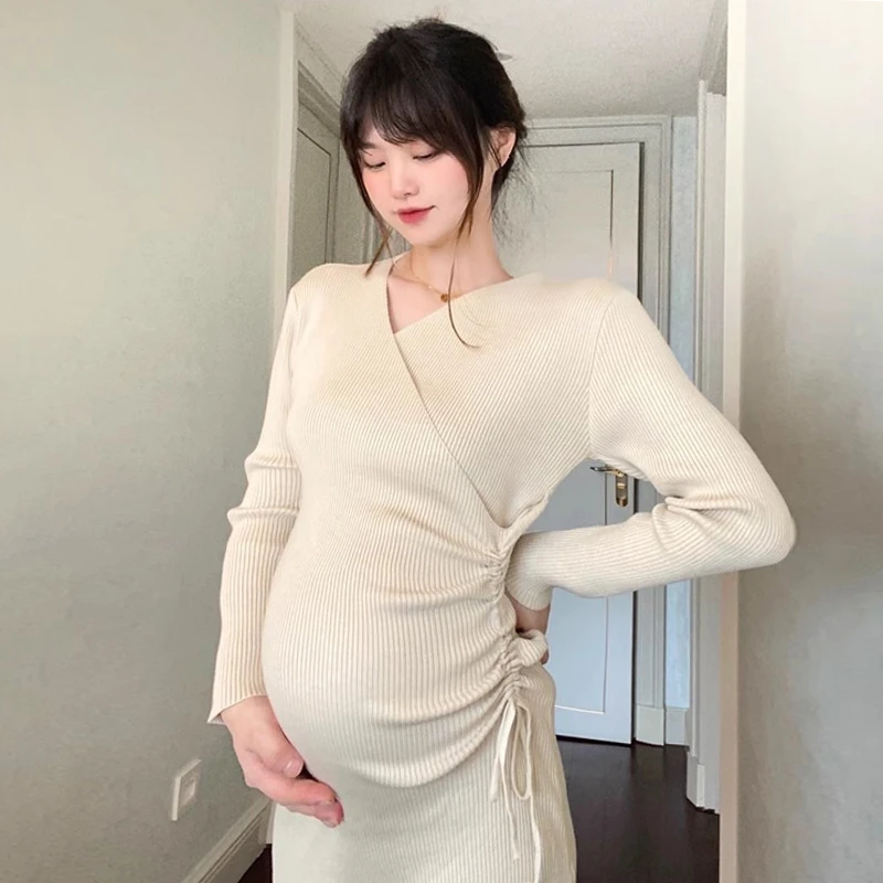 洋气孕妇连衣裙针织毛衣裙抽绳春秋中长裙性感交叉V领产后可哺乳