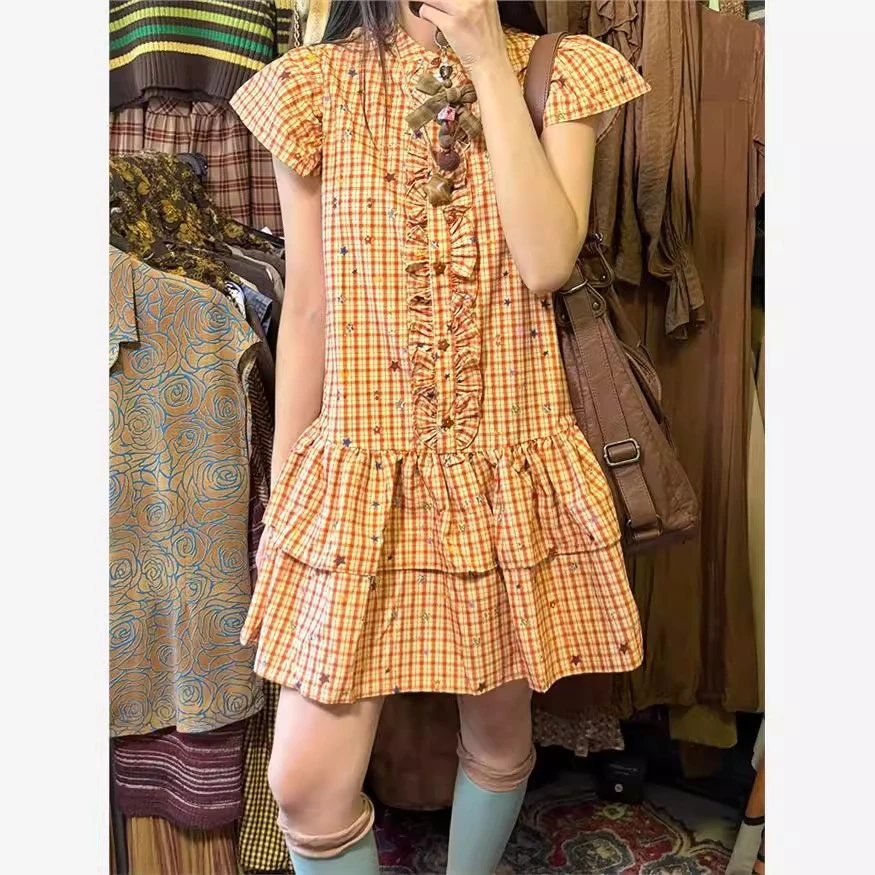 初秋穿搭格子小飞袖裙子女今年流行的漂亮裙子连衣裙