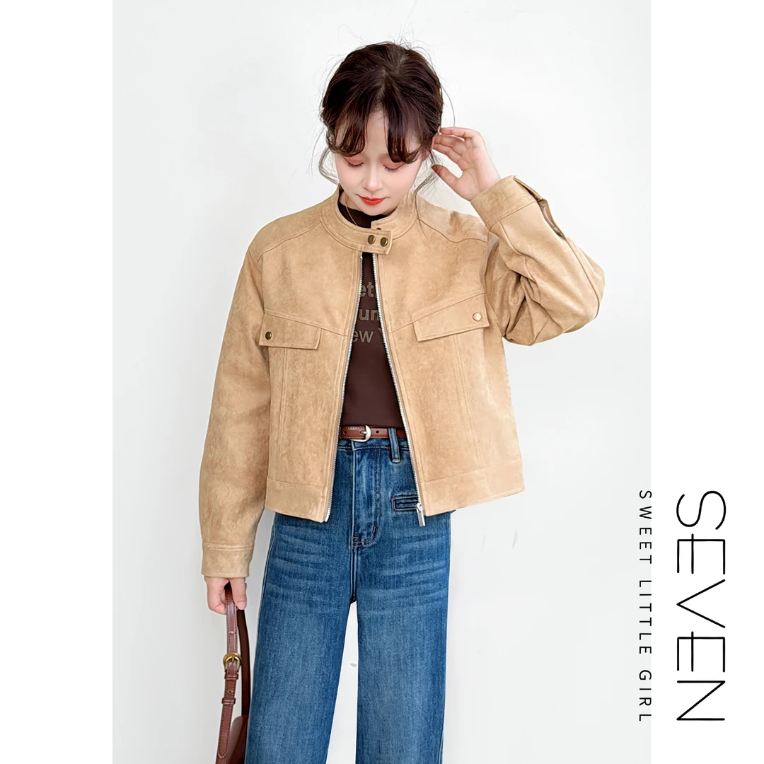 34烟汀傍晚⑧七七146小个子复古麂皮绒外套女秋短款机车夹克小美说