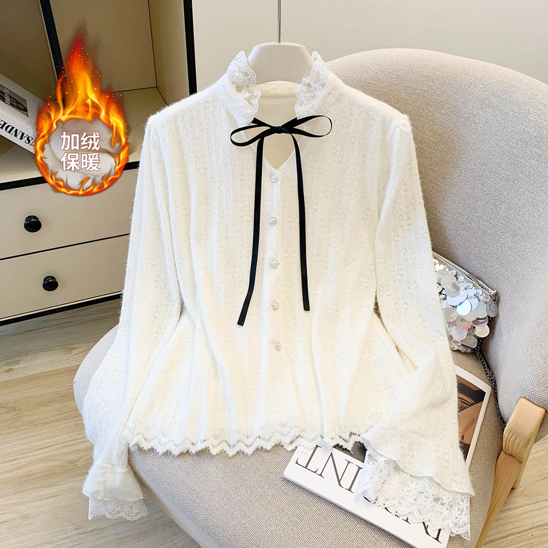 2025秋冬新款法式气质衬衫蕾丝加绒时尚百搭磨毛内搭保暖显瘦上衣