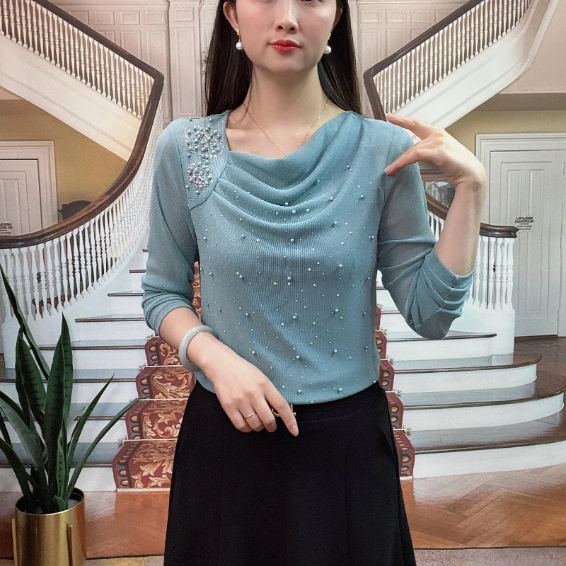 2025年春季新款时尚显瘦钉珠堆堆领长袖女士上衣打底衫018