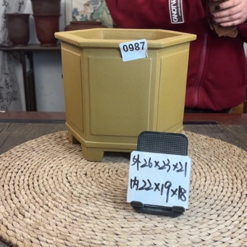 紫砂花盆高温青段奎面直角六方0987