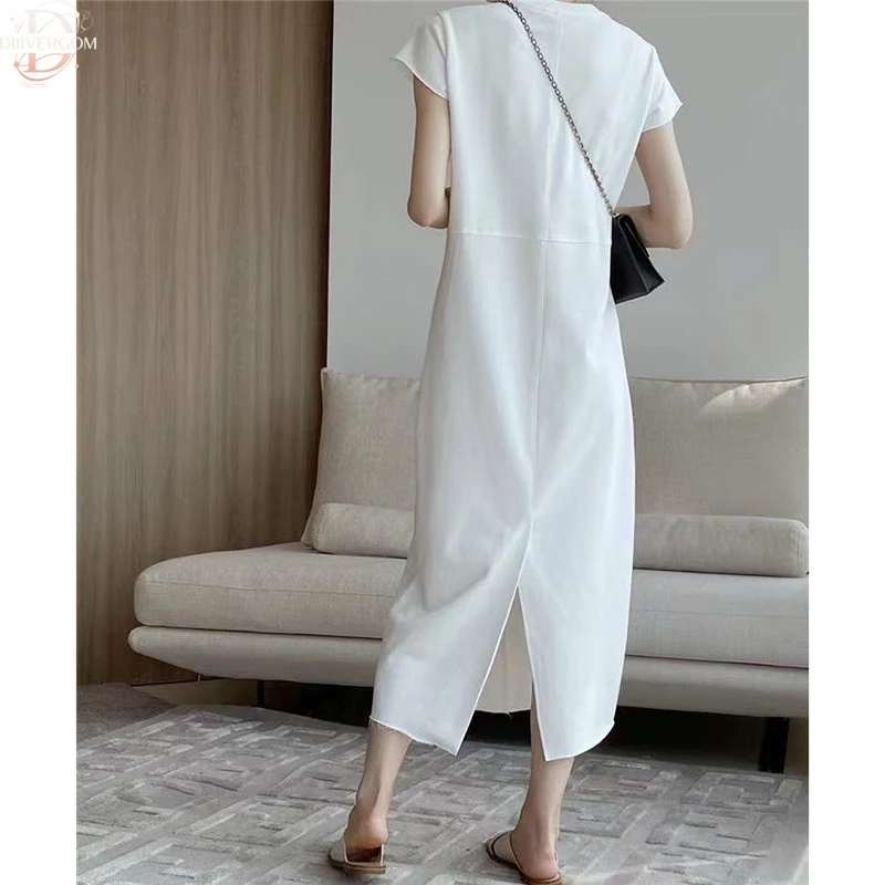 纯棉白色连衣裙子女士装夏季新款宽松显瘦气质开叉短袖中长裙