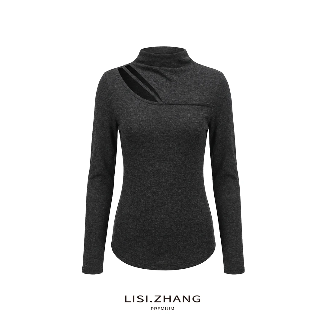 LISI.ZHANG--【镂空毛针织衫】半高领时尚性感镂空修身长袖打底衫