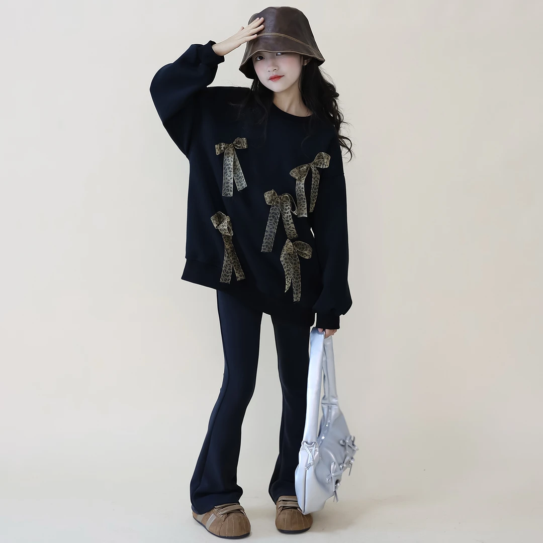 儿童加绒卫衣女韩版秋冬季2025新款女童豹纹蝴蝶结大童宽松打底衫