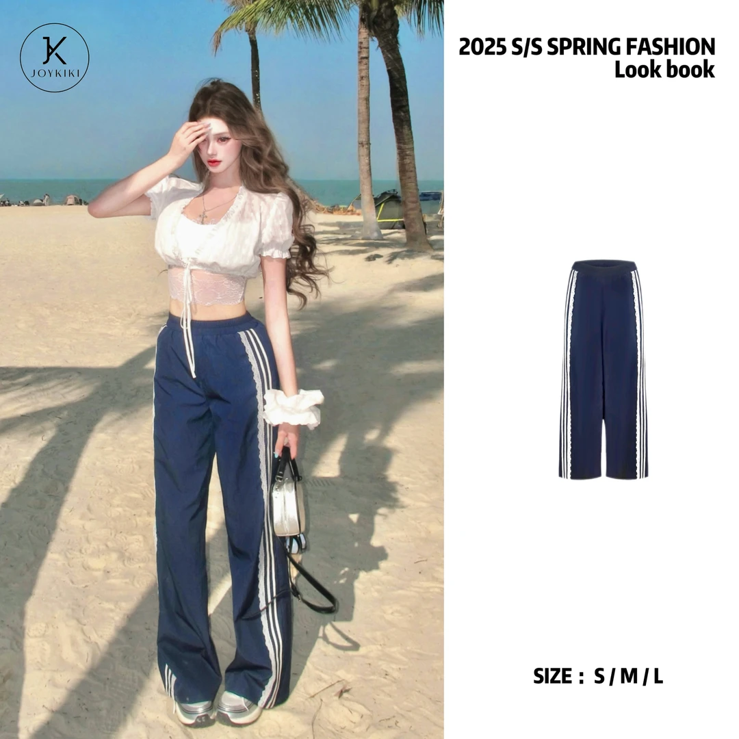 JOYKIKI金金【运动少女】夏季高级感气质百搭拼接条纹长裤J25A477