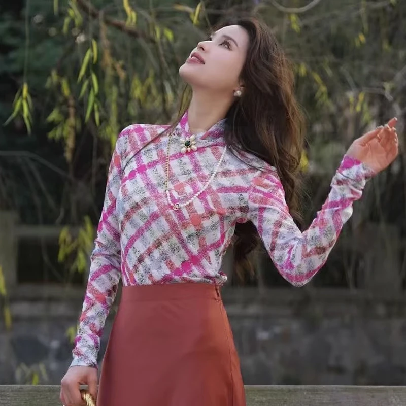 【商场同款】春季半高领透视网纱长袖T恤印花打底衫女摩登猫1300237