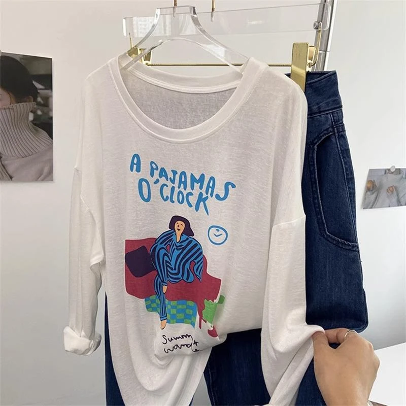 美式慵懒松弛感t恤女夏季白色长袖薄款防晒罩衫宽松学院风上衣潮