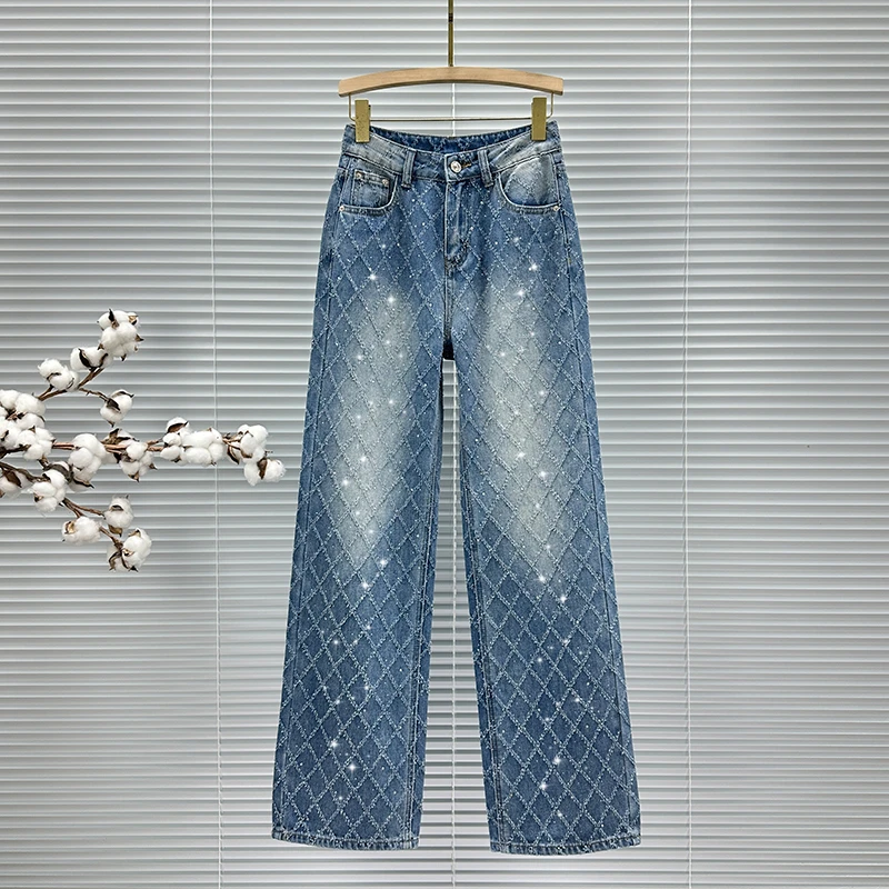 提花设计拖地牛仔长裤女2025年春夏季新款高腰宽松百搭烫钻阔腿裤