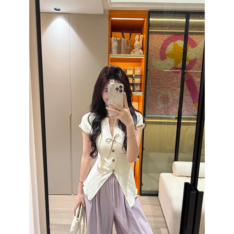 法式V领系带短袖T恤女2025夏季新款设计感小众薄款收腰显瘦上衣潮