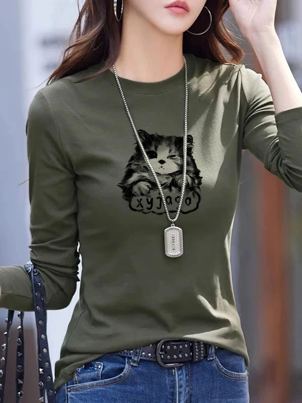 猫咪印花秋季新款韩版圆领长袖打底衫T恤女士显瘦内搭军绿色上衣
