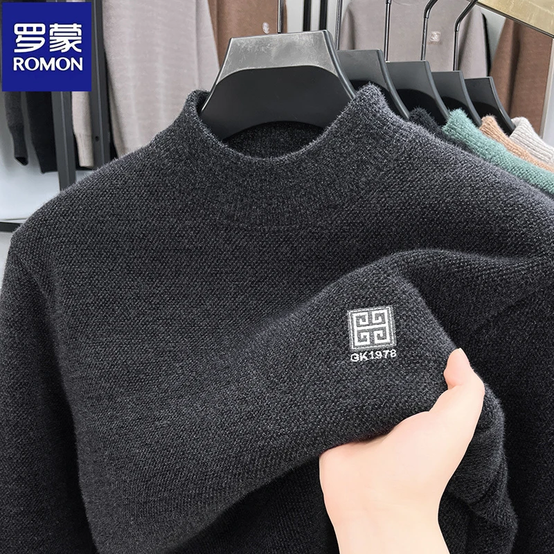 罗蒙一体绒男士秋冬加绒加厚毛衣圆领刺绣针织休闲套头毛衣打底衫