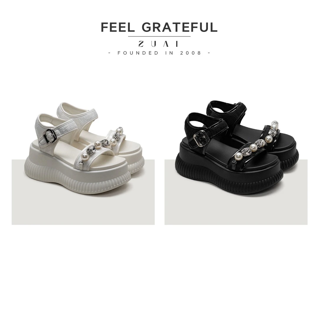 【轻国风凉鞋】暗纹水钻珍珠松糕厚底休闲一字带凉鞋24ZUAI235